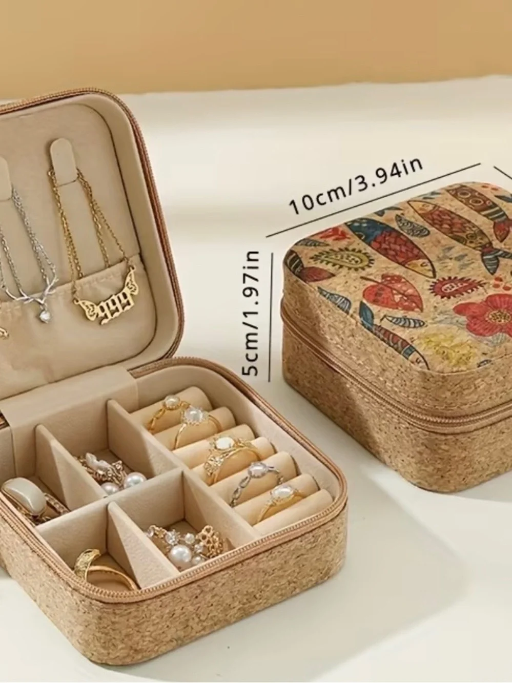 Floral Cork Jewelry Organizer Travel Case - Beige